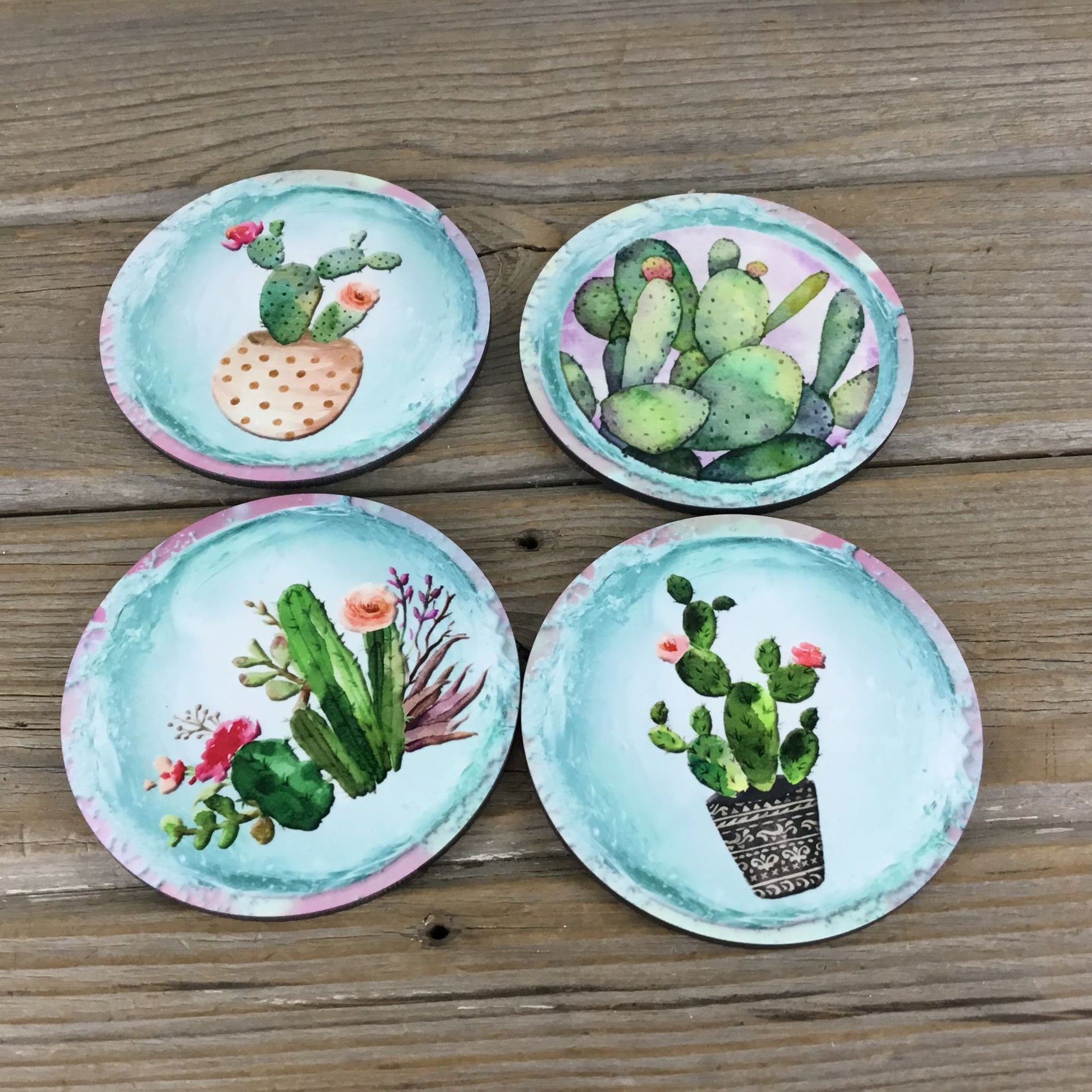 Cactus Hardboard Coasters with Cork Back Set of 4 Coasters