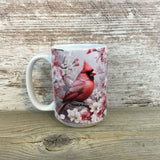Male Cardinal and Flowers Ceramic 15 oz Coffee Mug