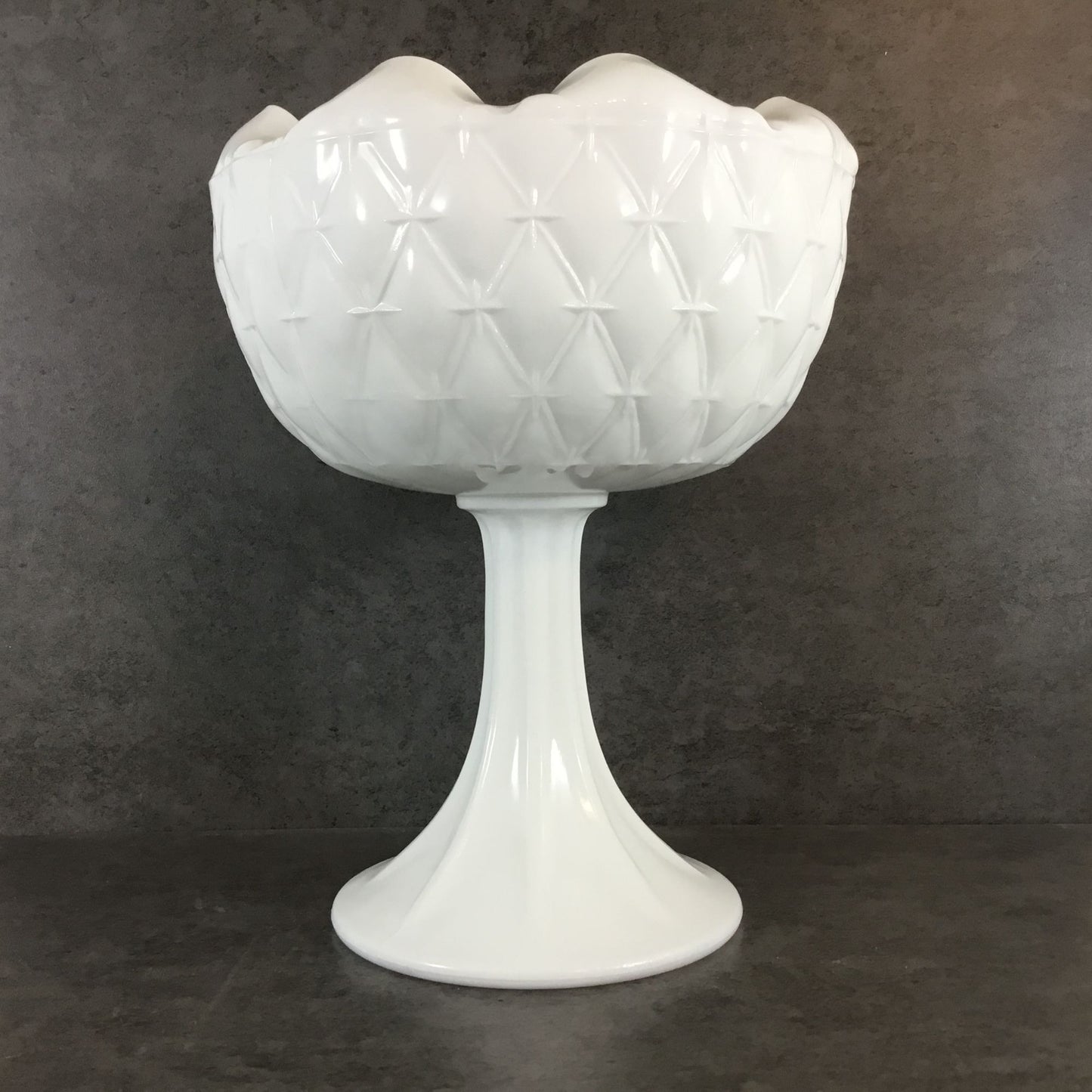 Indiana Glass Milk Glass Pedestal Compote Star Quilt Duette Pattern 9" tall