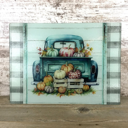 Fall Pumpkin Truck Glass Cutting Board