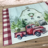Red Truck Winter Farm Glass Cutting Board