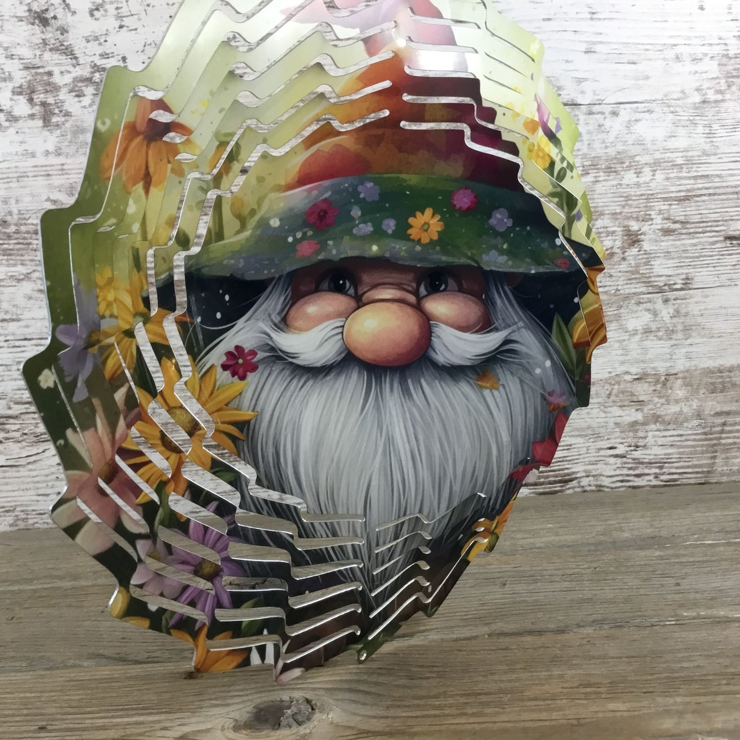 Gnome and Flowers Wind Spinner 10"