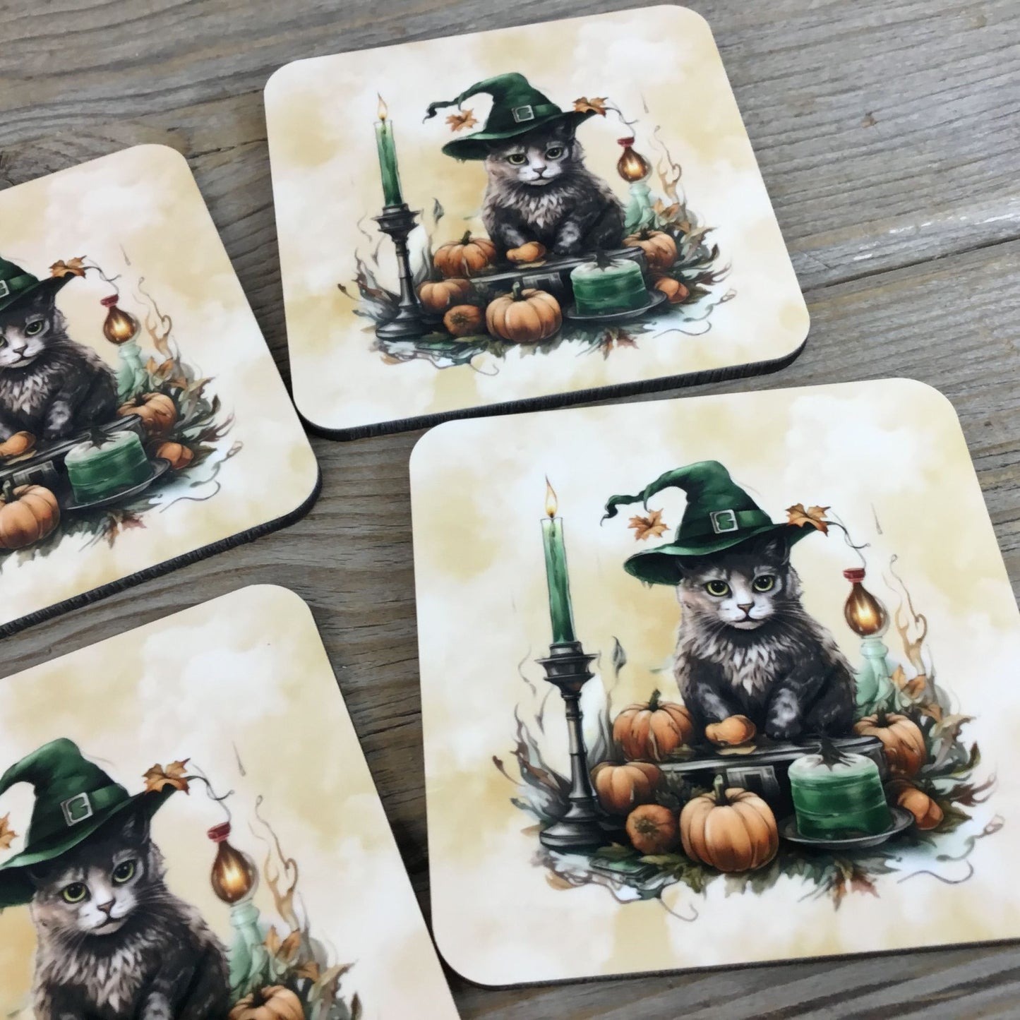 Cat Witch Halloween Drink Coasters Set of 4