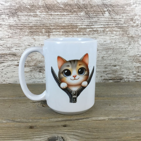 Cat Peeking from Zipper Design Ceramic Coffee Mug