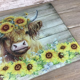 Highland Cow with Sunflowers Glass Cutting Board