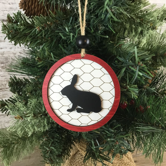 Rabbit Rustic Farm Christmas Ornament with Laser-Cut Chicken Wire Pattern