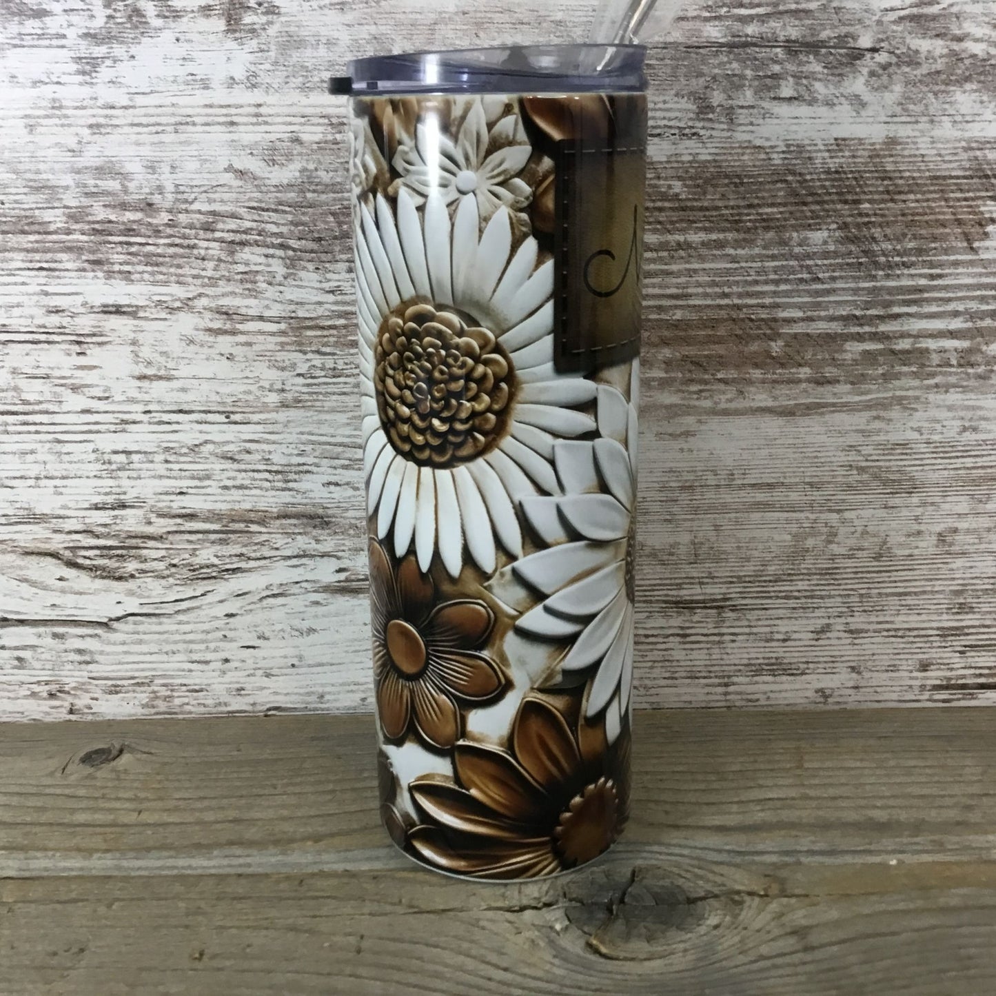 Brown and White Flowers Leather Look Personalized 20 oz Skinny Tumbler