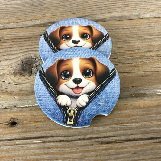 Dog Peek-a-Boo Zipper Car Coasters Set of 2