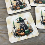 Cat Witch Halloween Drink Coasters Set of 4