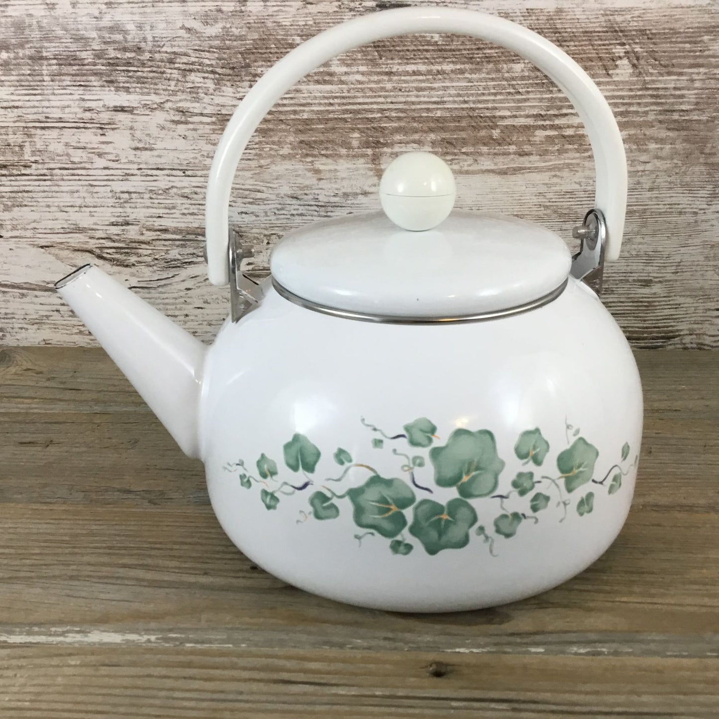 Vintage Callaway Green Ivy White Enamel Teapot With Handle And Lid