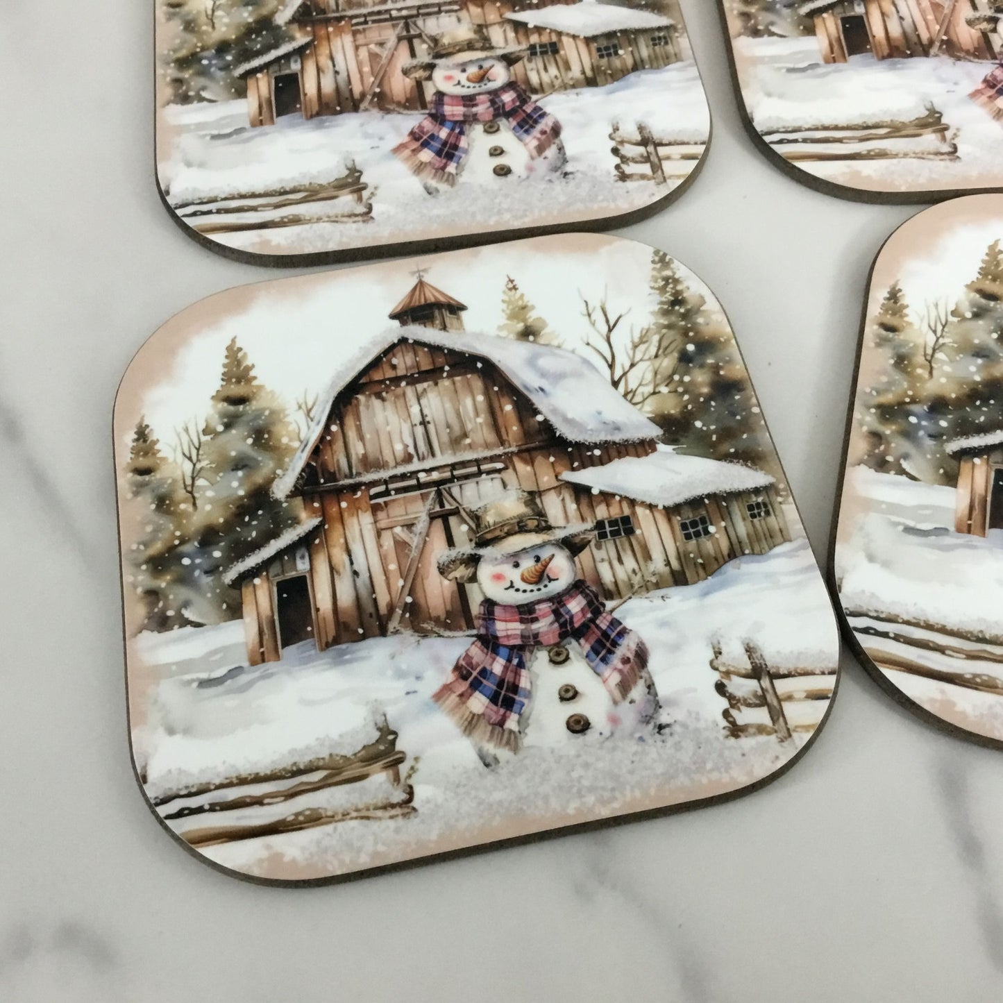 Rustic Country Snowman Wood Hardboard Coasters Set of 4