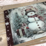 Rustic Snowman Merry Christmas Glass Cutting Board