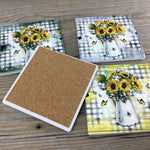 Sunflower Butterfly & Bees Plaid Set of 4 Sandstone Coasters