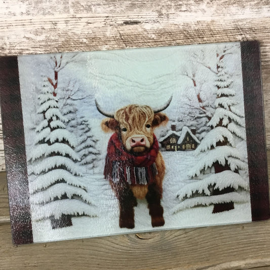 Highland Cow Winter Glass Cutting Board