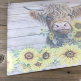 Highland Cow Rustic Sunflower Glass Cutting Board Back View