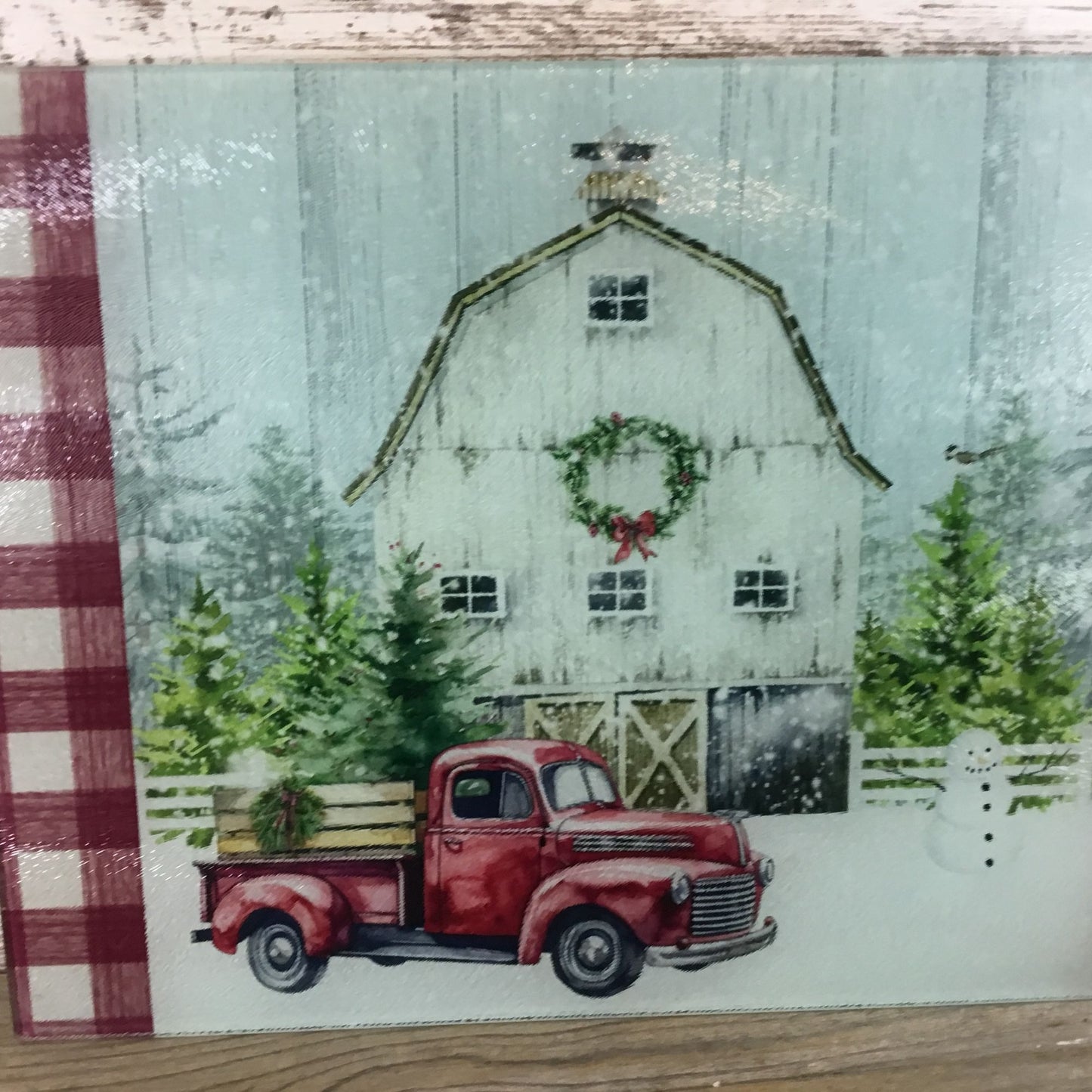 Red Truck Winter Farm Glass Cutting Board