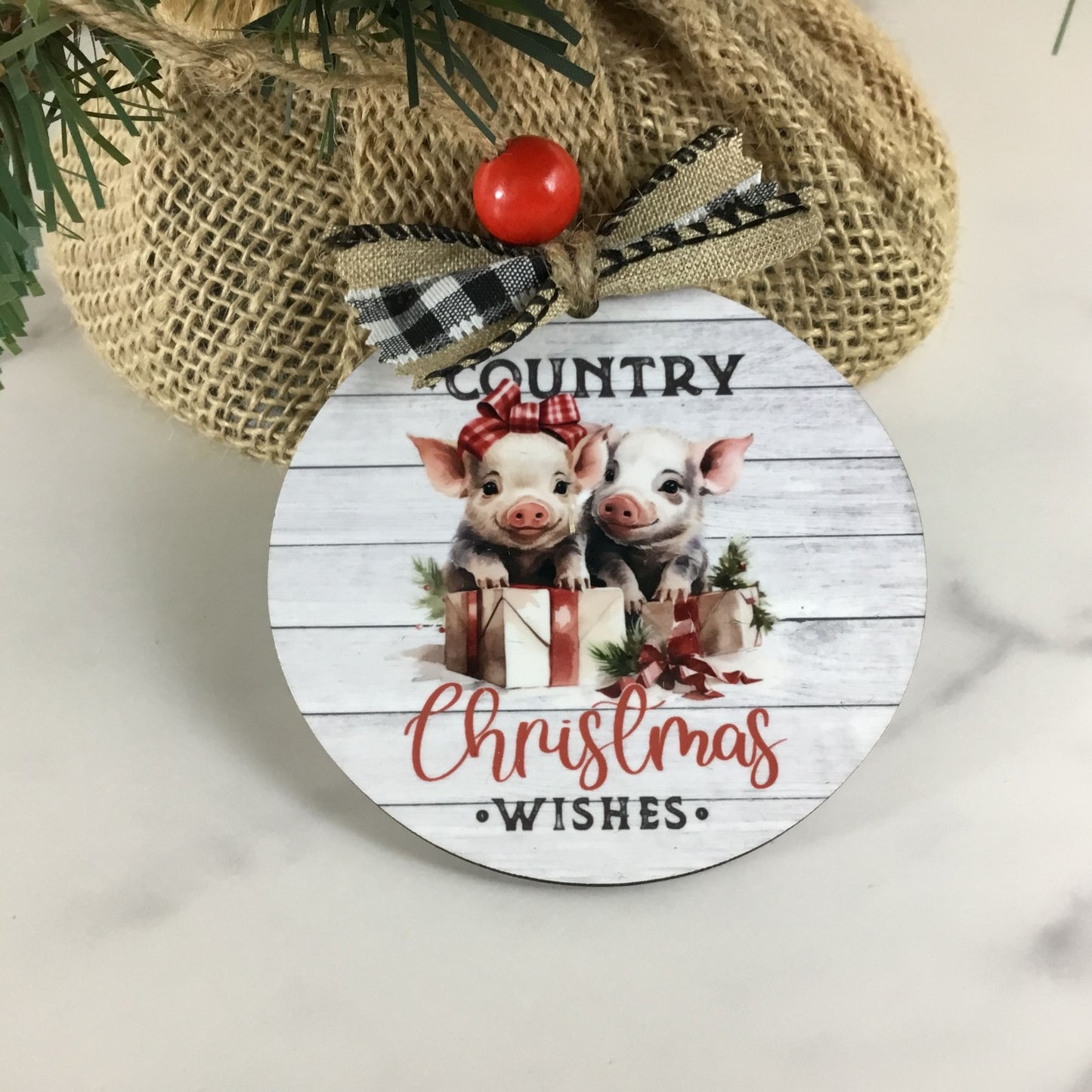 Pig Country Christmas Wishes Round Rustic Christmas Ornament