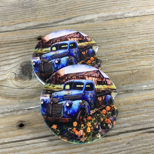 Vintage Blue Farm Truck Car Coasters