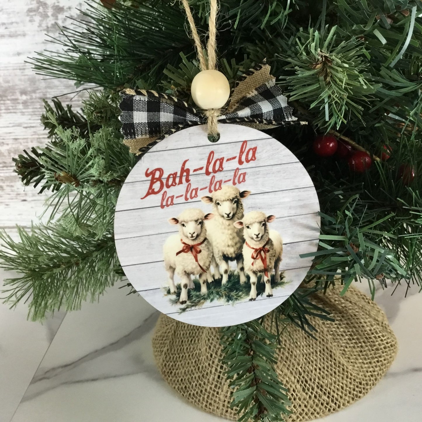 Sheep Bah-la-la-la-la-la-la Christmas Ornament  3.5” Round Wooden Ornament