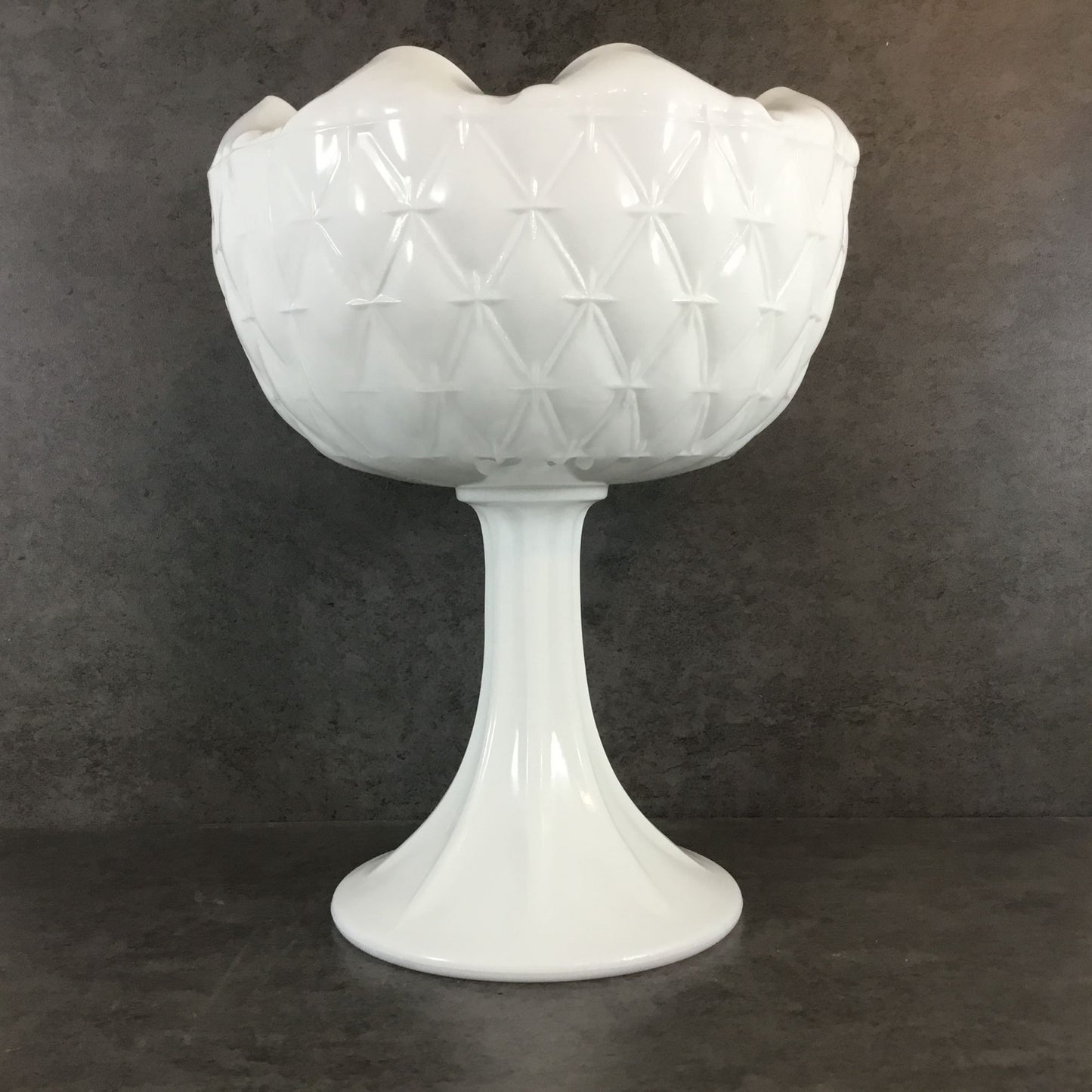 Indiana Glass Milk Glass Pedestal Compote Star Quilt Duette Pattern 9" tall