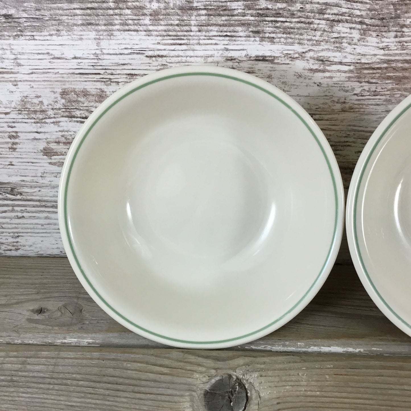 Set Of 3 Corelle Beige/Sandstone Cereal Bowls With Green Rim 6 1/4"