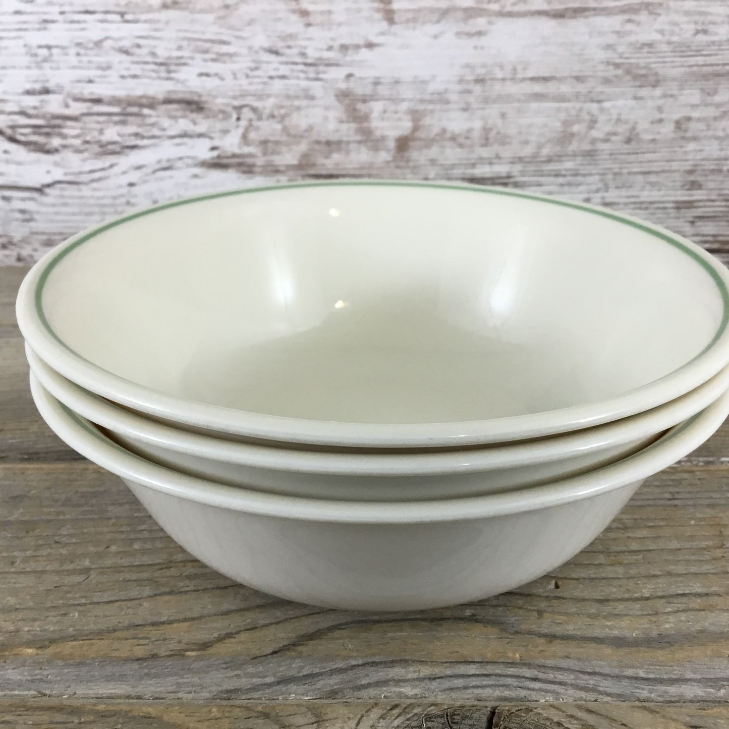 Set Of 3 Corelle Beige/Sandstone Cereal Bowls With Green Rim 6 1/4"