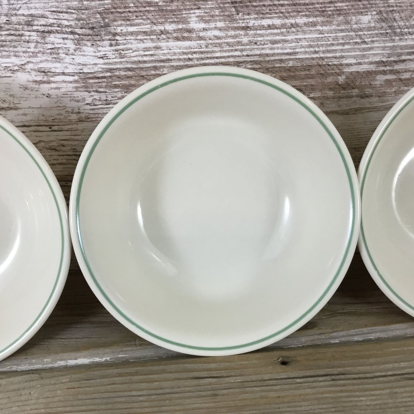 Set Of 3 Corelle Beige/Sandstone Cereal Bowls With Green Rim 6 1/4"
