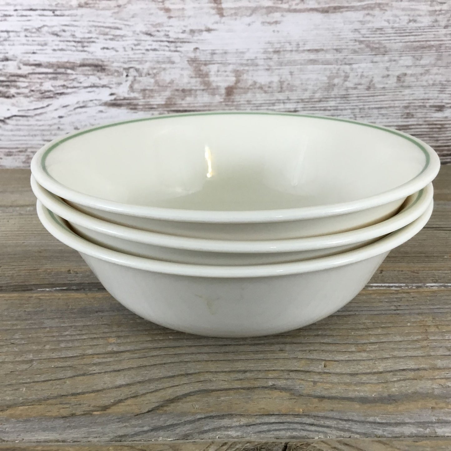 Set Of 3 Corelle Beige/Sandstone Cereal Bowls With Green Rim 6 1/4"