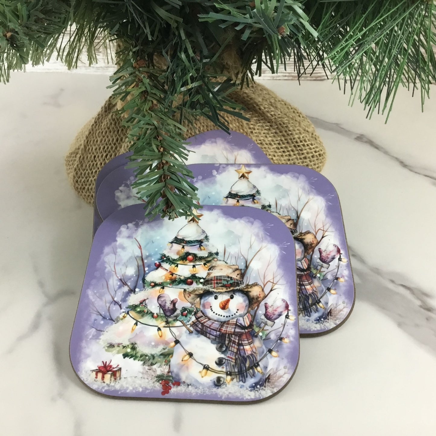 Rustic Snowman with Christmas Tree 3.5" Square Wooden Ornament