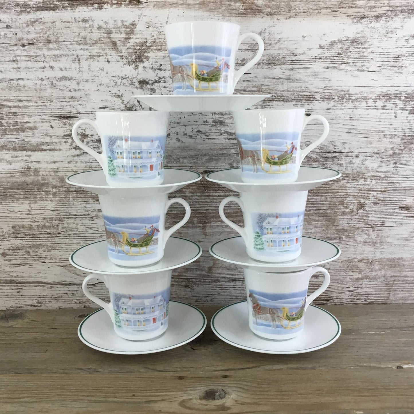 Set of 7 Corelle Country Memories Cup Saucer Sets Christmas Horse Sleigh Winter