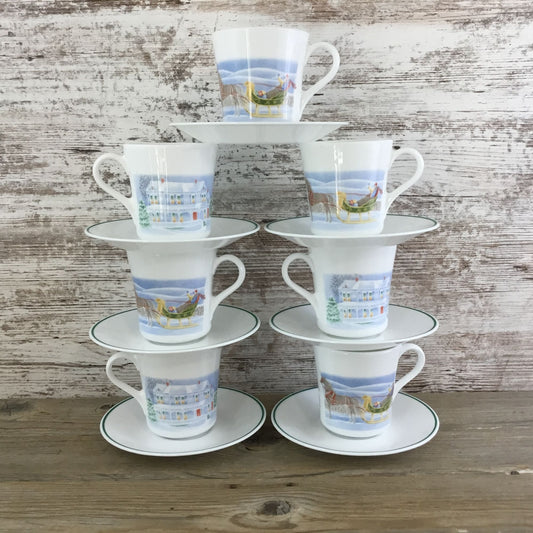 Set of 7 Corelle Country Memories Cup Saucer Sets Christmas Horse Sleigh Winter