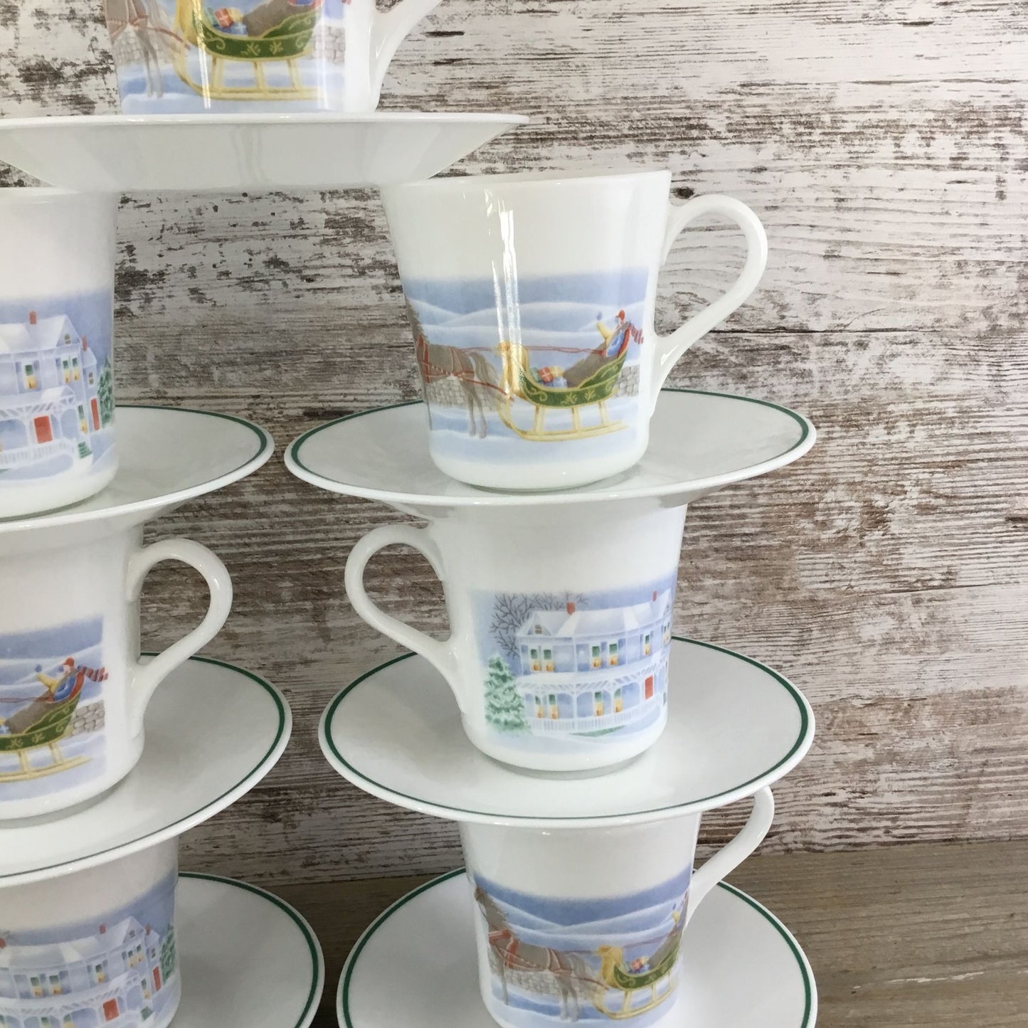 Set of 7 Corelle Country Memories Cup Saucer Sets Christmas Horse Sleigh Winter