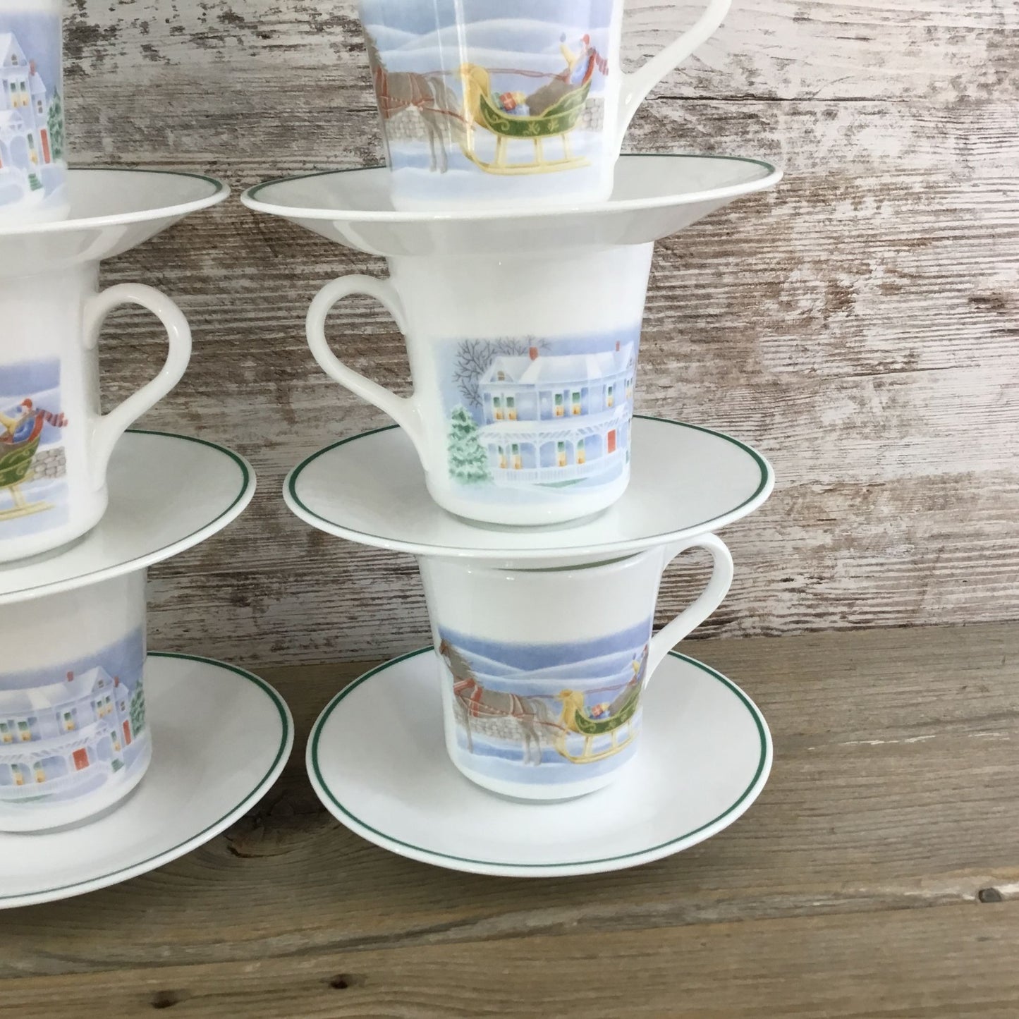 Set of 7 Corelle Country Memories Cup Saucer Sets Christmas Horse Sleigh Winter