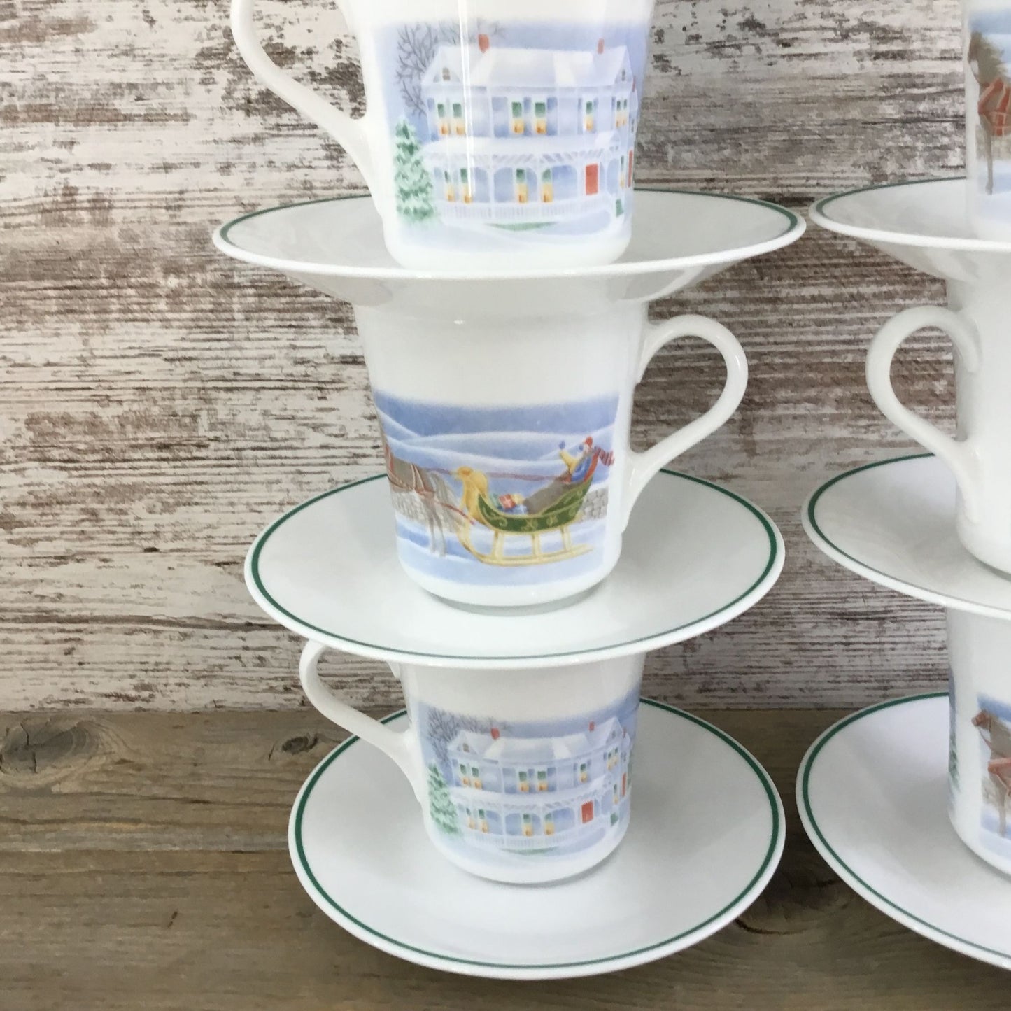 Set of 7 Corelle Country Memories Cup Saucer Sets Christmas Horse Sleigh Winter