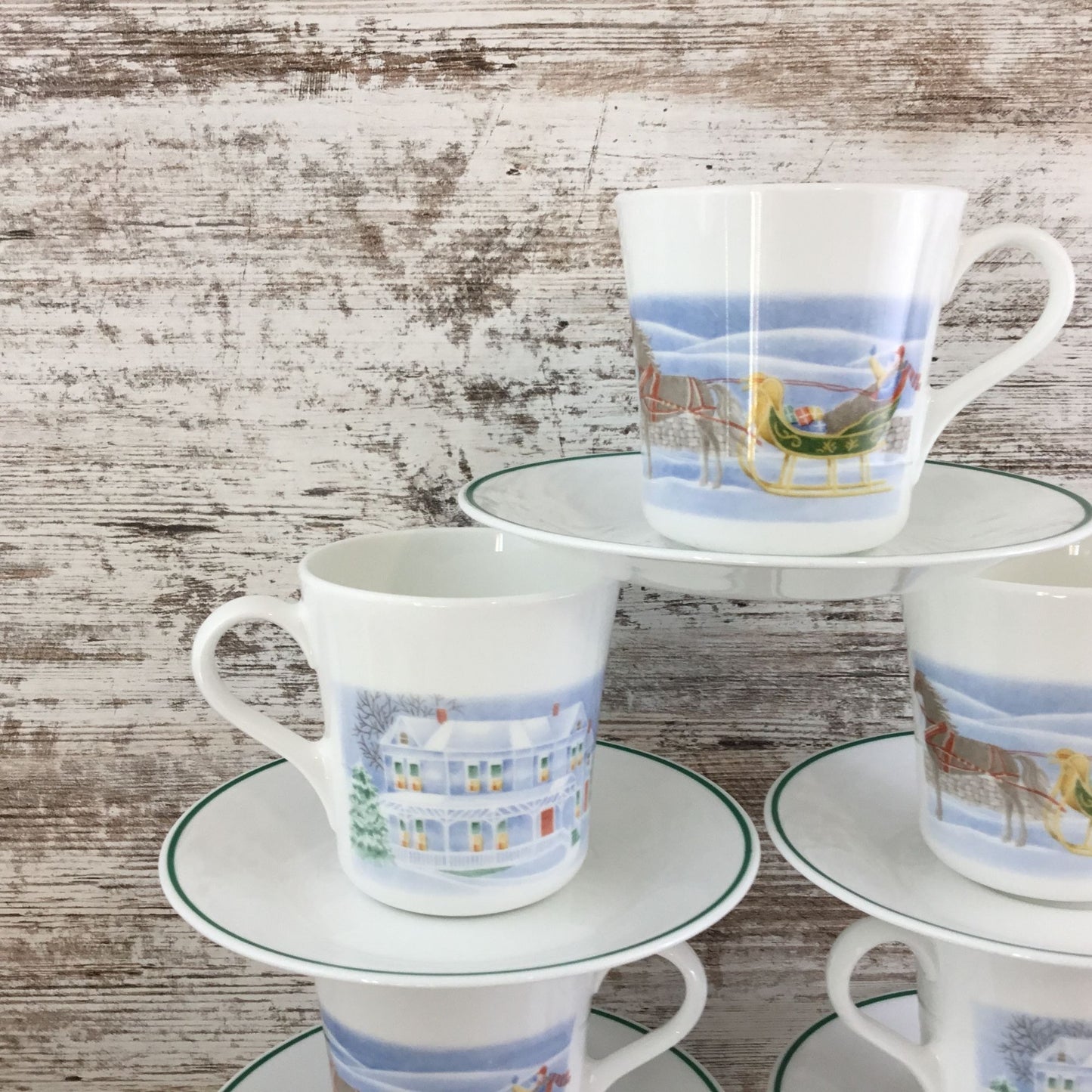 Set of 7 Corelle Country Memories Cup Saucer Sets Christmas Horse Sleigh Winter