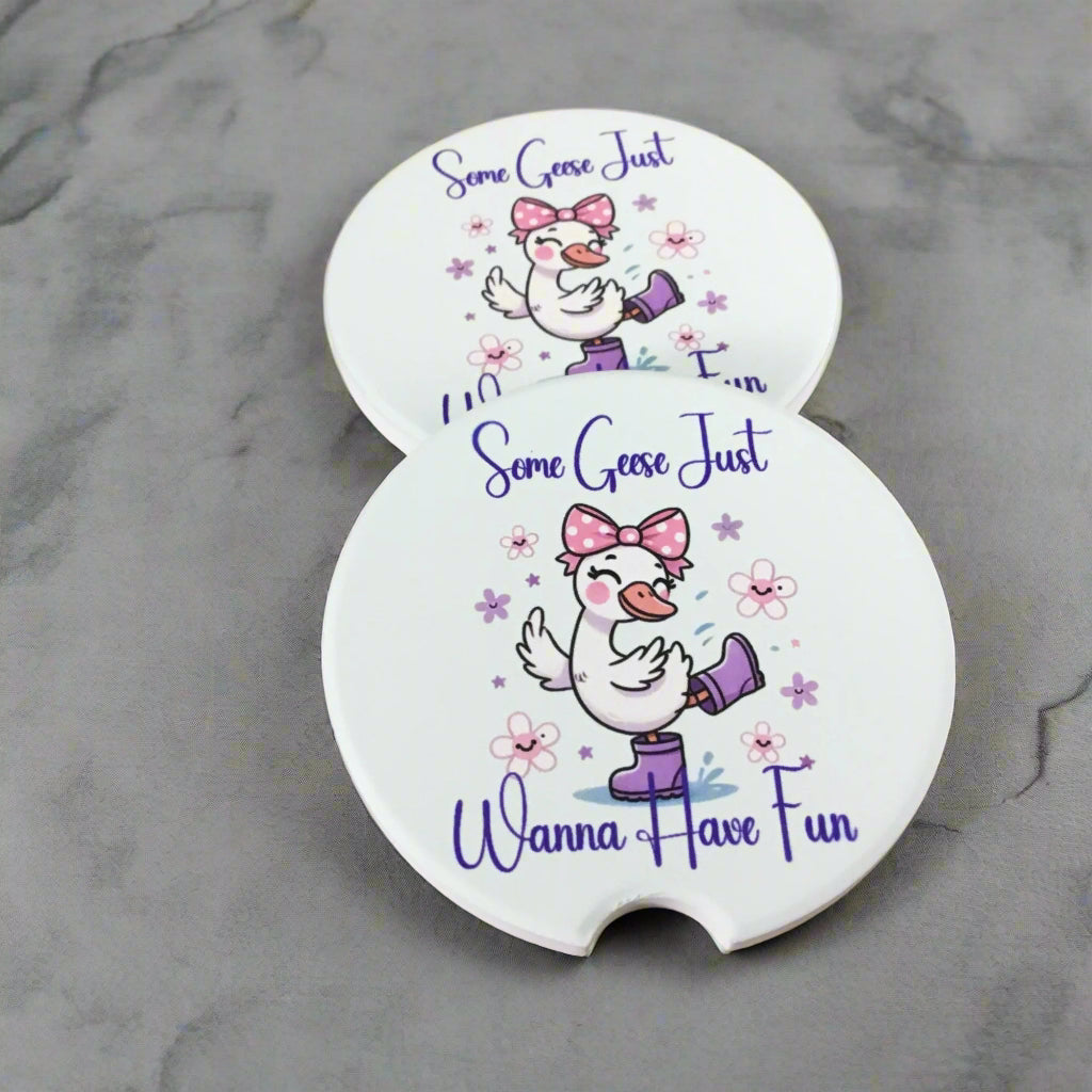 Some Geese Just Wanna Have Fun - Set of 2 Sandstone Car Coasters
