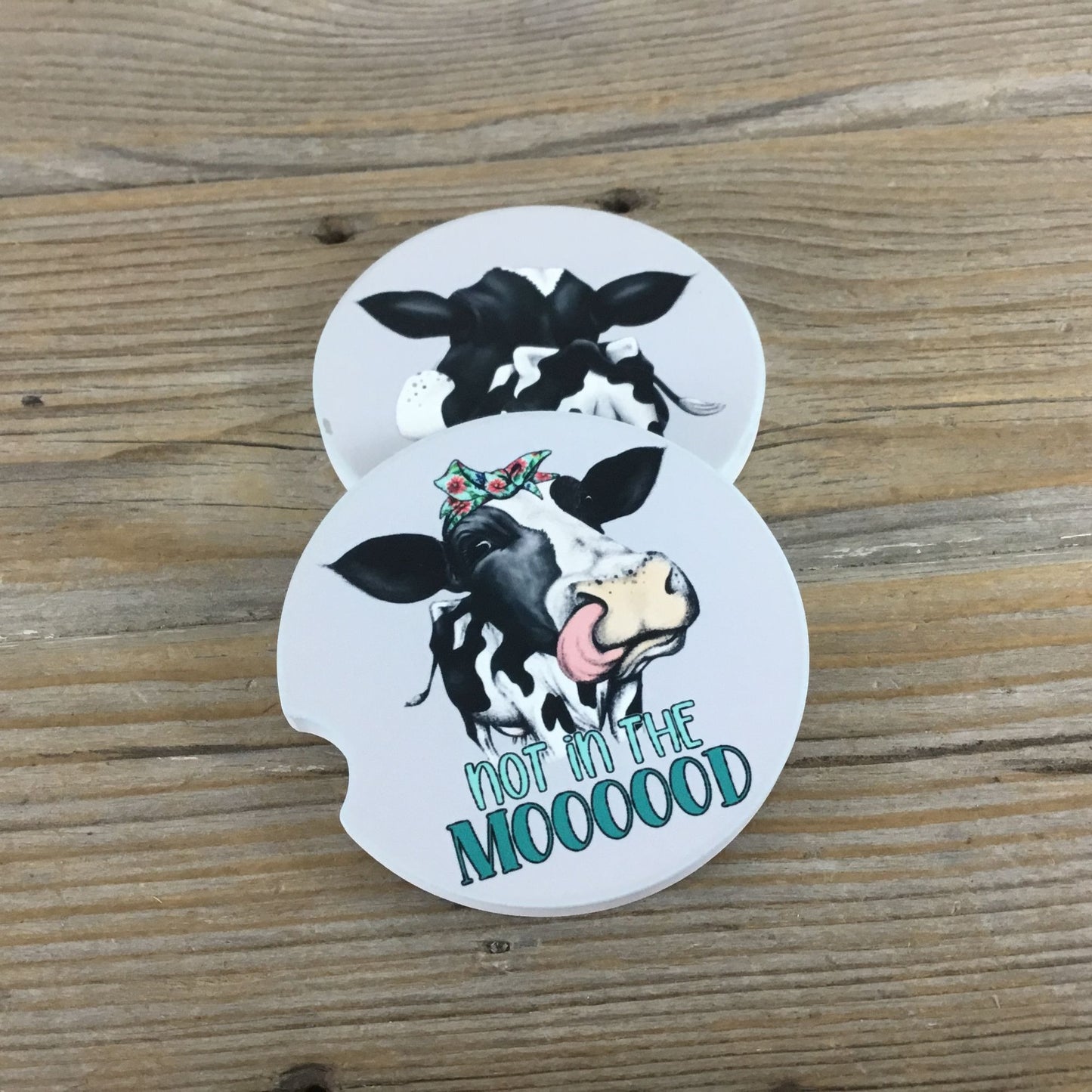 Not in the Moooood Cow Sandstone Car Coasters – Set of 2