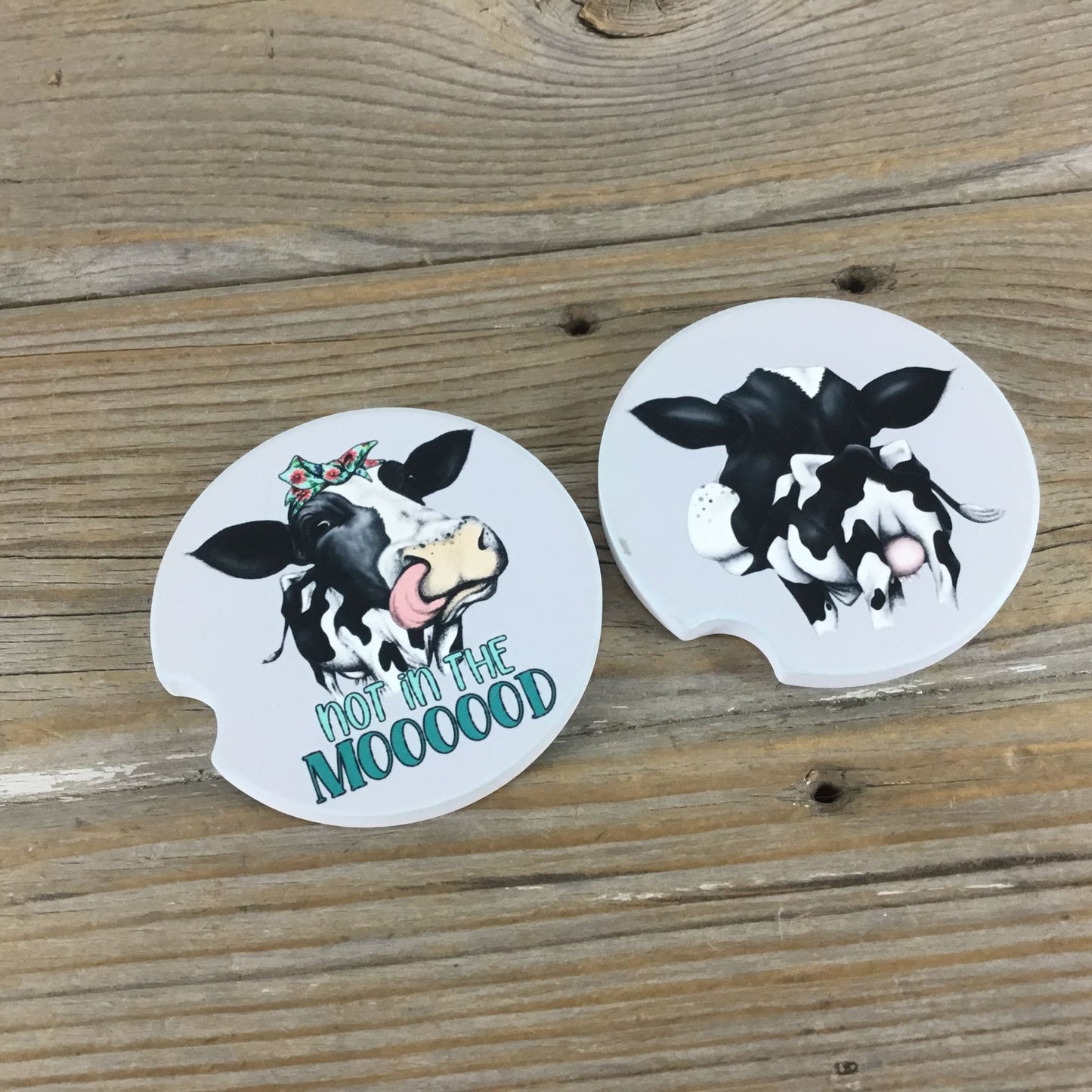 Not in the Moooood Cow Sandstone Car Coasters – Set of 2