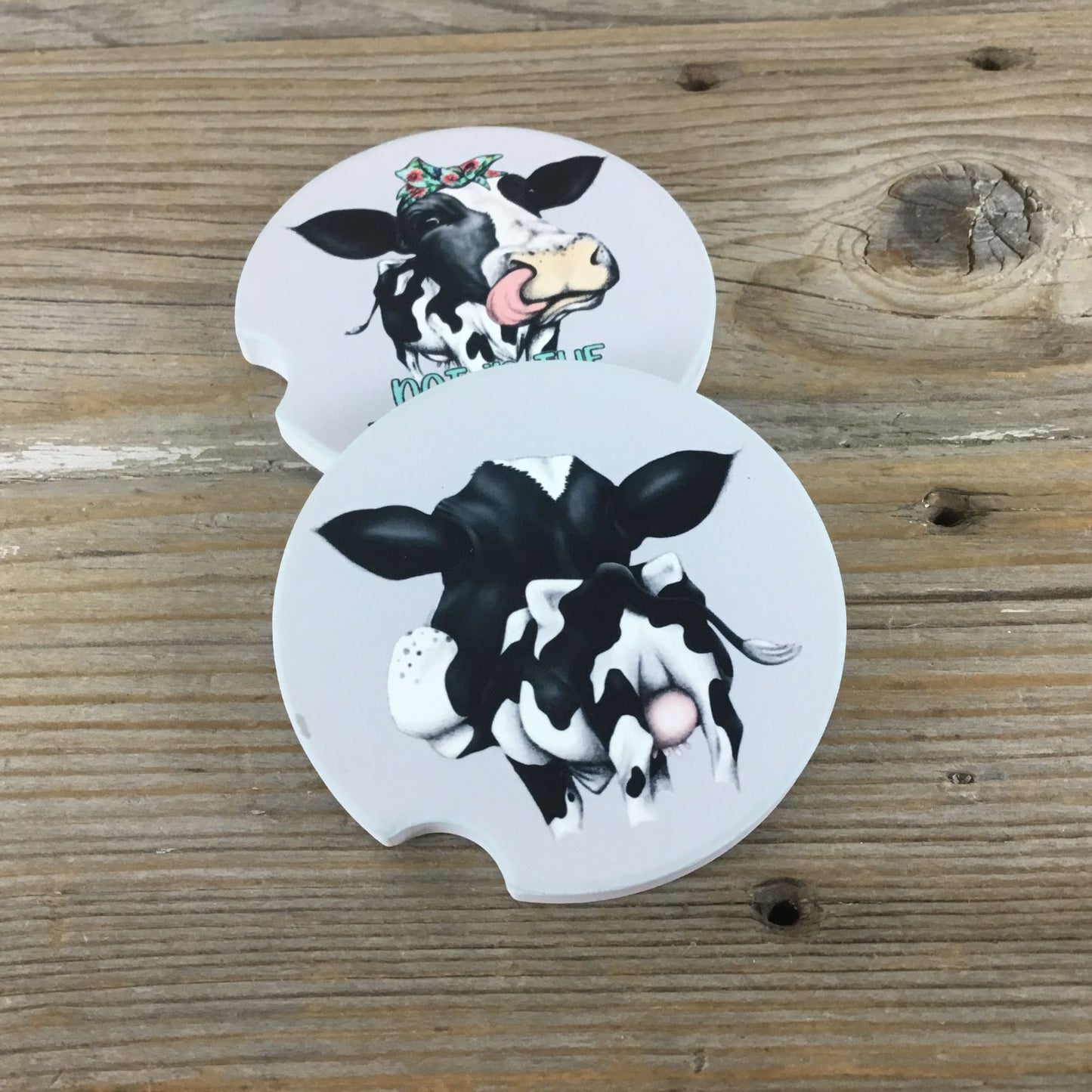 Not in the Moooood Cow Sandstone Car Coasters – Set of 2