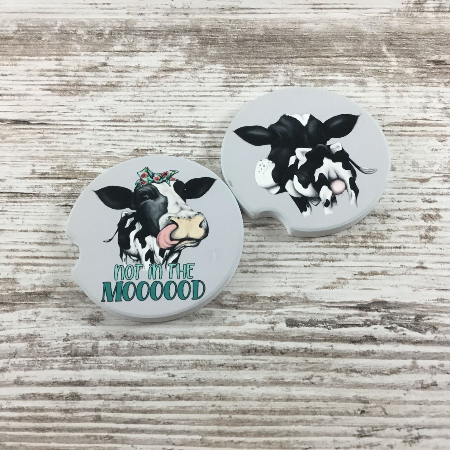 Not in the Moooood Cow Sandstone Car Coasters – Set of 2