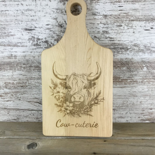 Cow-Cuterie Maple Paddle Cutting Board Laser Engraved Design Functional Drip Ring