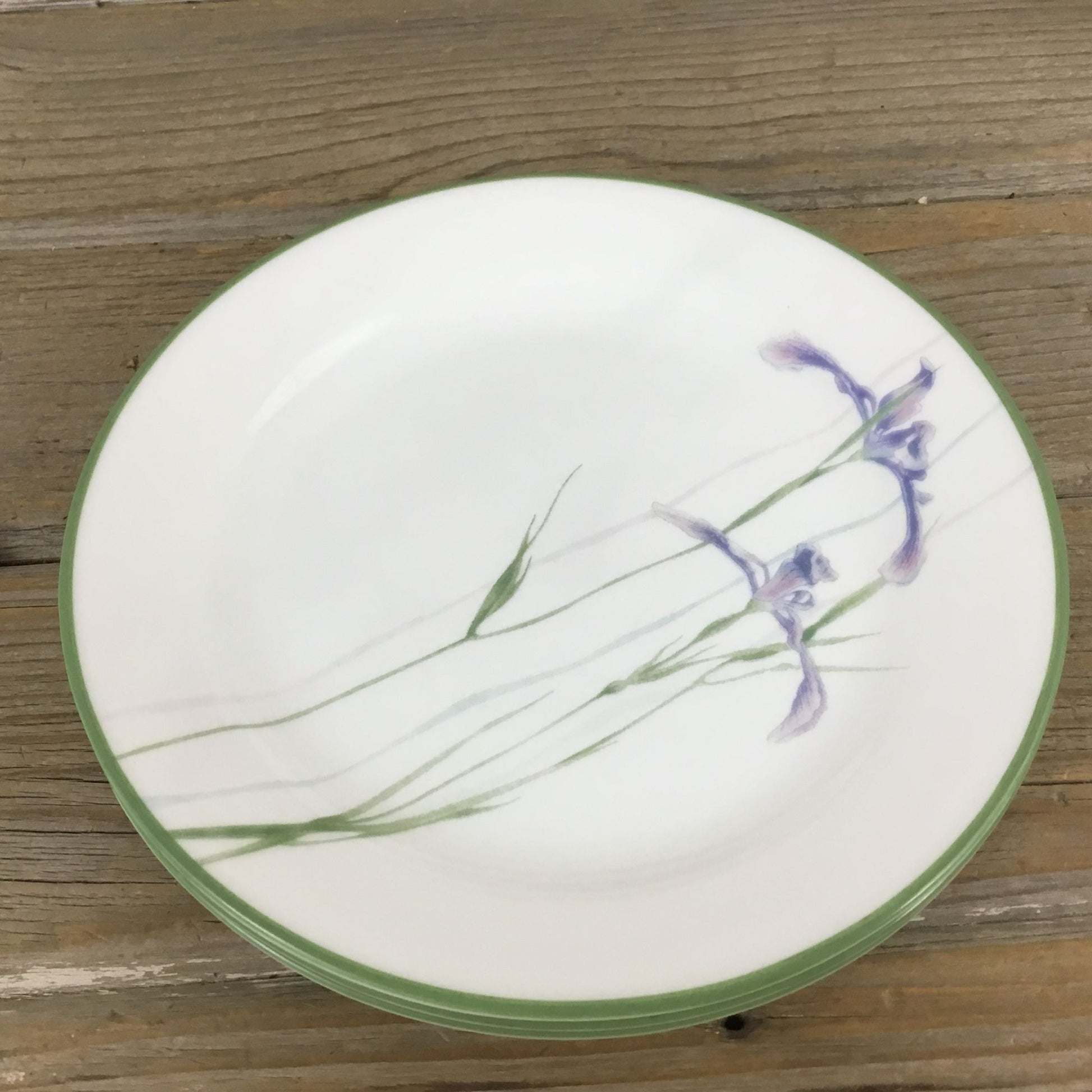 Set of 4 Corelle Shadow Iris Bread Plates Purple Flowers Green Rim 7 1/4"