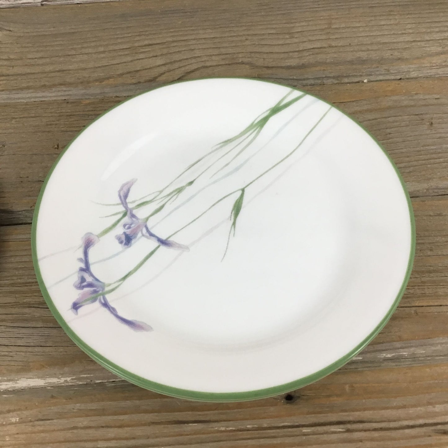 Set of 4 Corelle Shadow Iris Bread Plates Purple Flowers Green Rim 7 1/4"