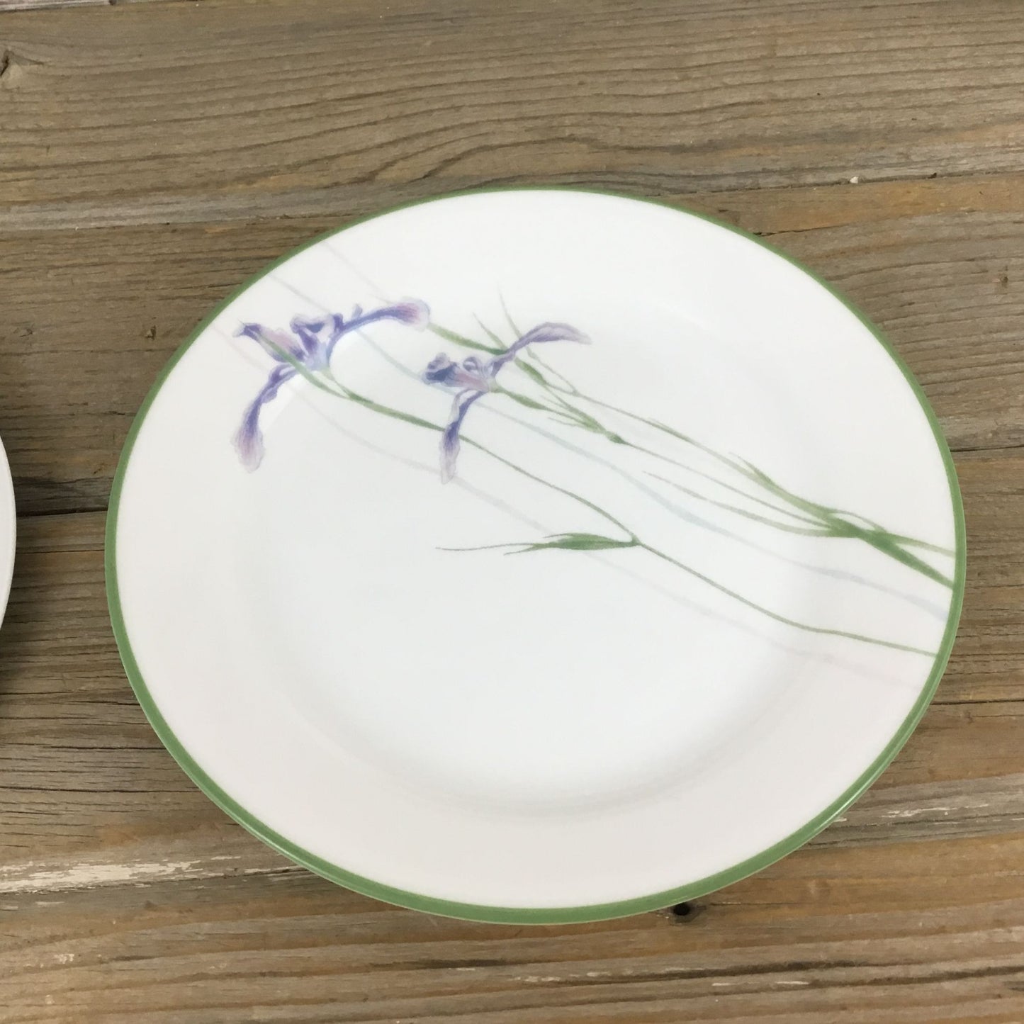 Set of 4 Corelle Shadow Iris Bread Plates Purple Flowers Green Rim 7 1/4"