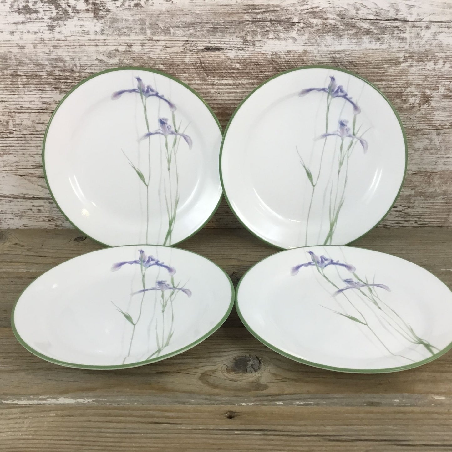 Set of 4 Corelle Shadow Iris Bread Plates Purple Flowers Green Rim 7 1/4"