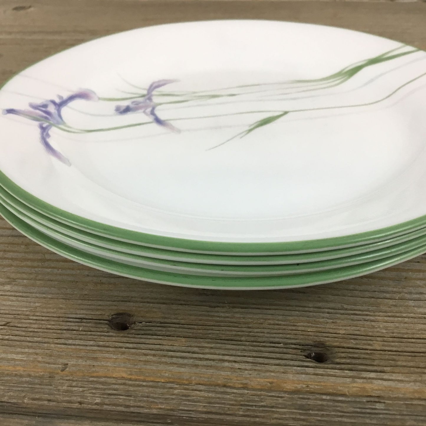 Set of 4 Corelle Shadow Iris Bread Plates Purple Flowers Green Rim 7 1/4"