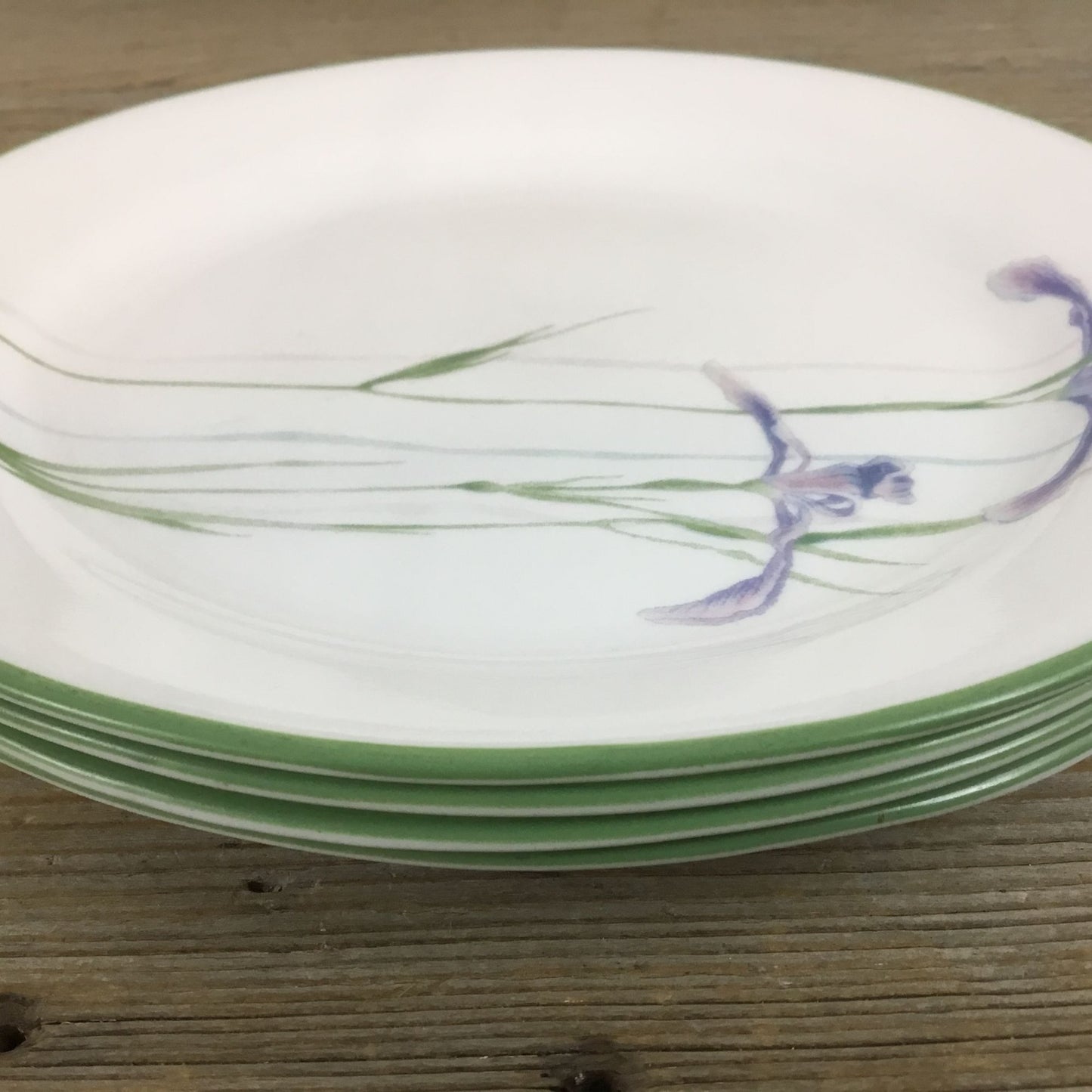 Set of 4 Corelle Shadow Iris Bread Plates Purple Flowers Green Rim 7 1/4"