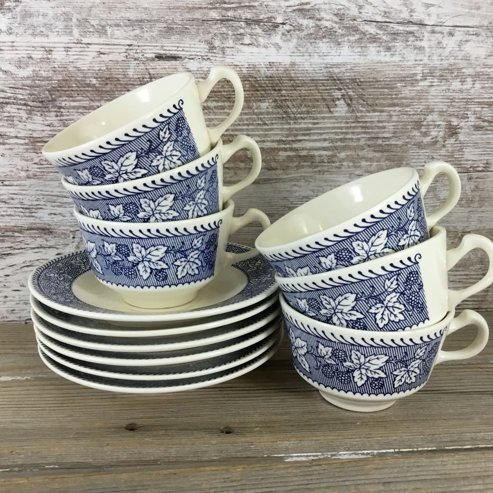 Homer Laughlin Stratwood Collection Blue & White Floral Cups & Saucers