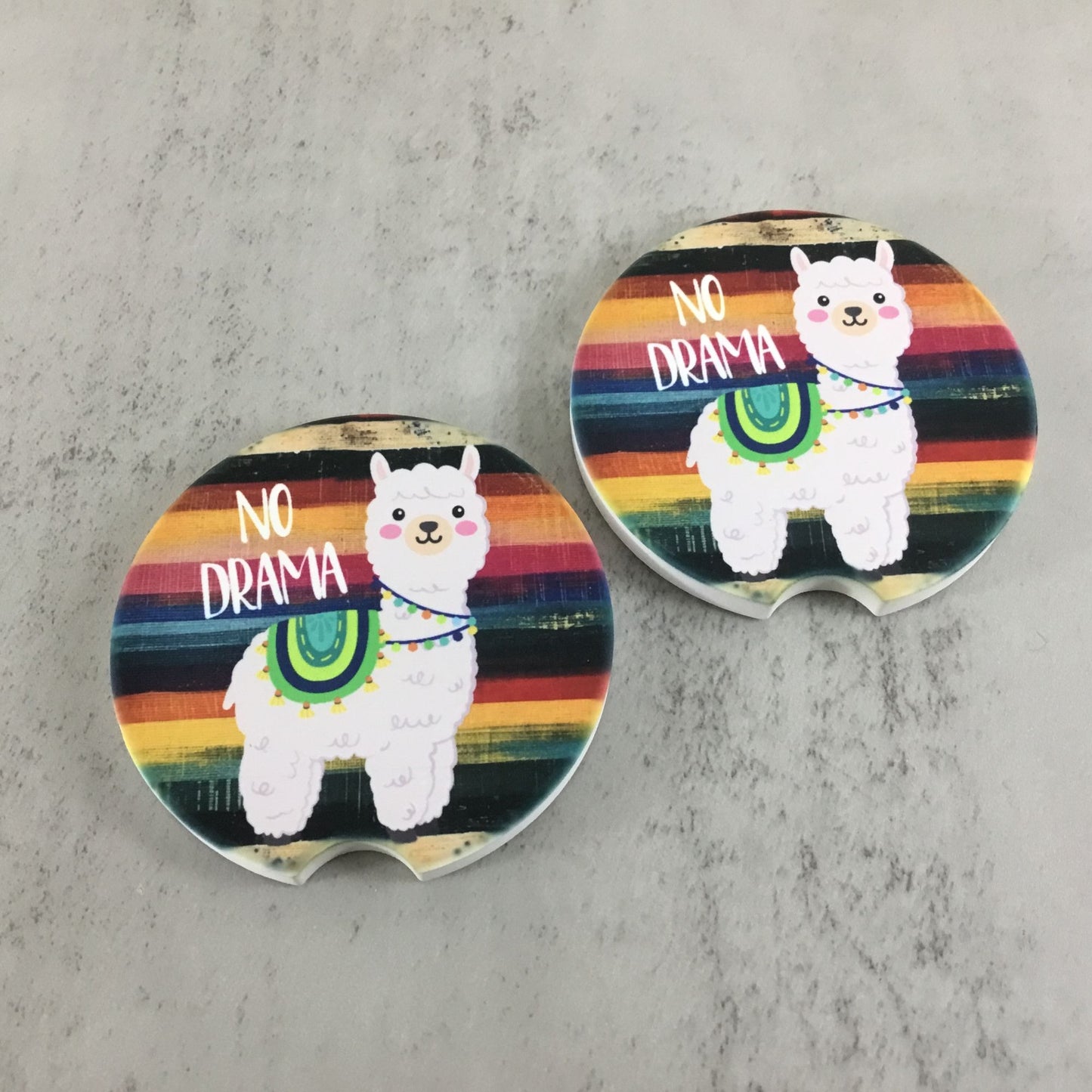 No Drama Llama Sandstone Car Coasters Set Of 2 - 2.5" Round