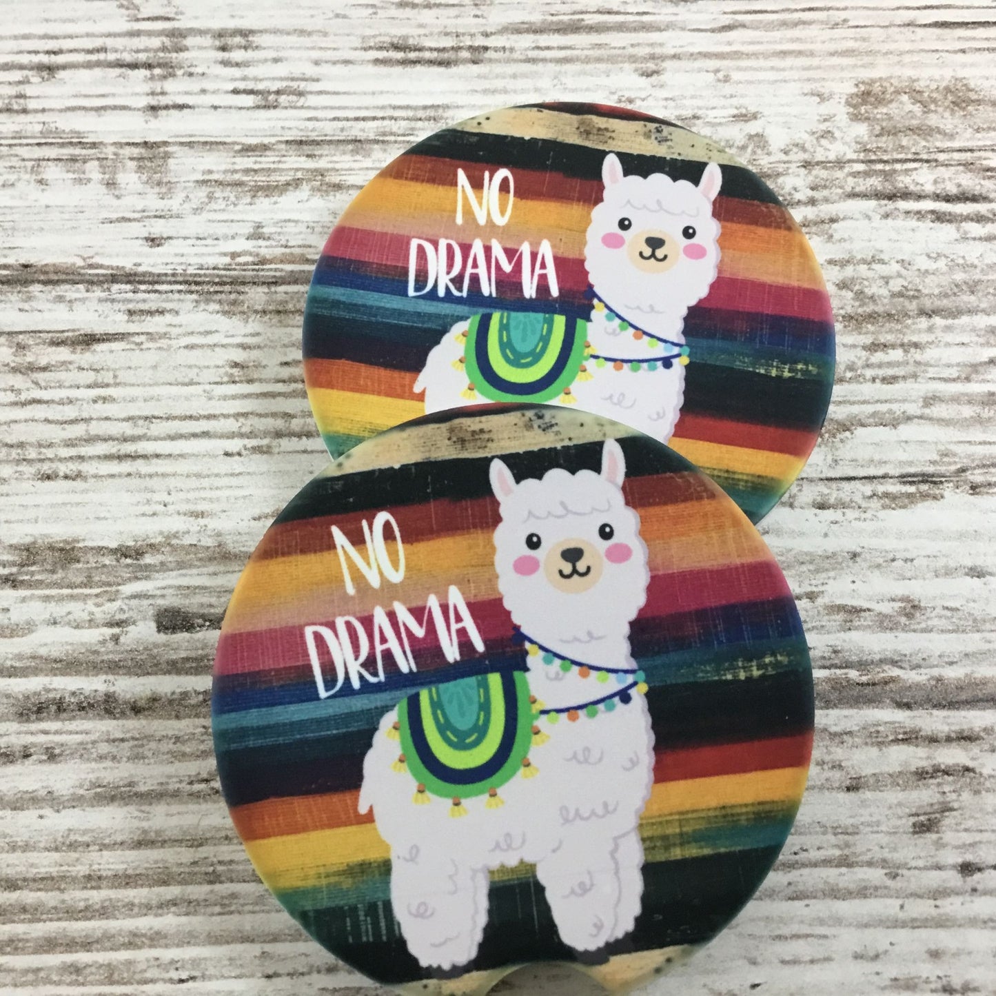 No Drama Llama Sandstone Car Coasters Set Of 2 - 2.5" Round